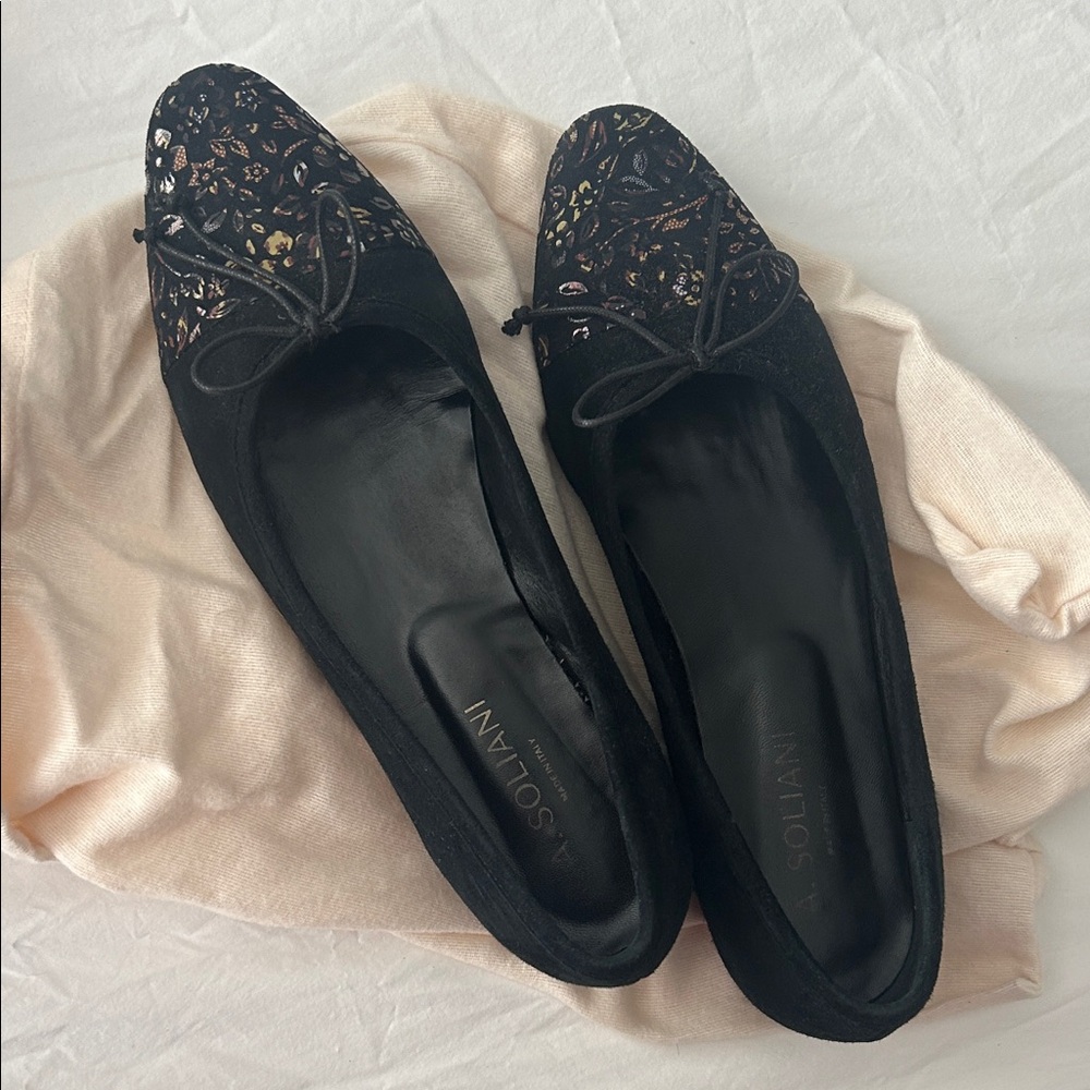 A.soliani Como black suede flat with floral detail